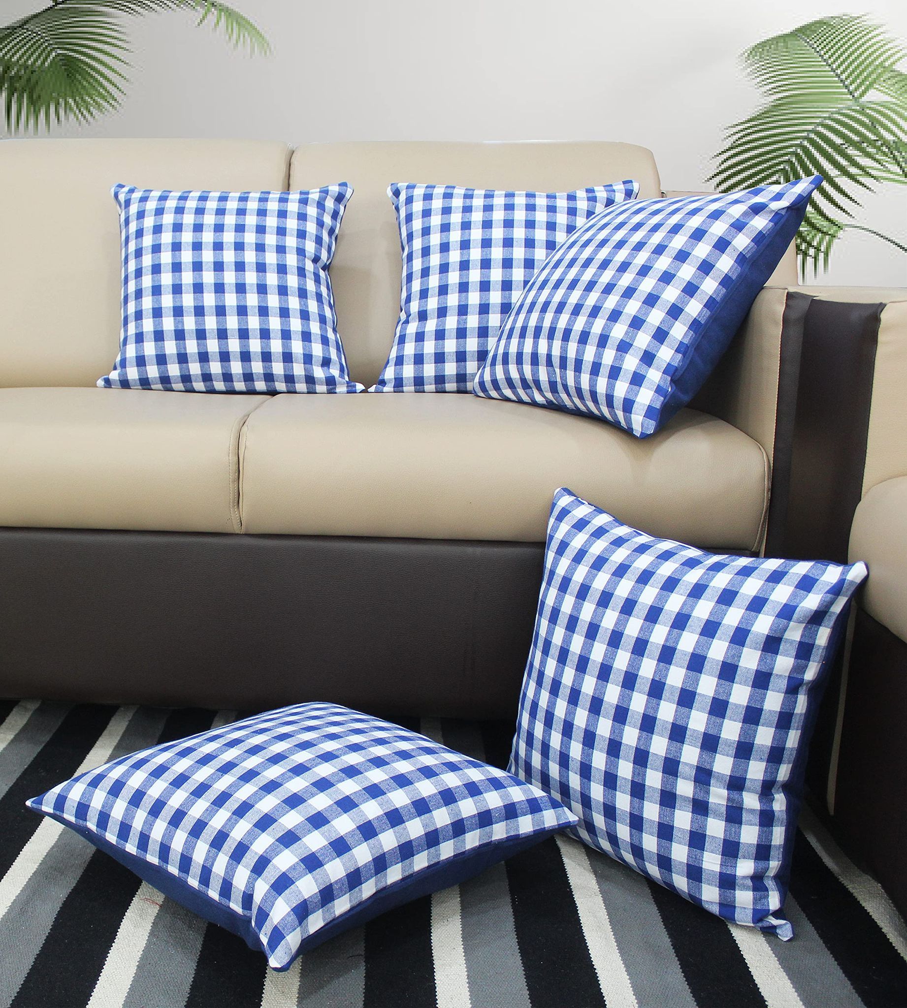 AIRWILL Cotton Gingham Check Blue Themed Cushion Covers for Cushions & Pillows (Blue, Pack of 5)