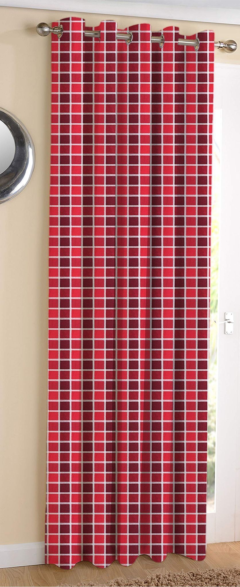 AIRWILL Cotton X-Mass Check Designed Blackout and Room Darkening 5ft Window Curtains Pack of 1 pc. (Checks - Maroon,Red)