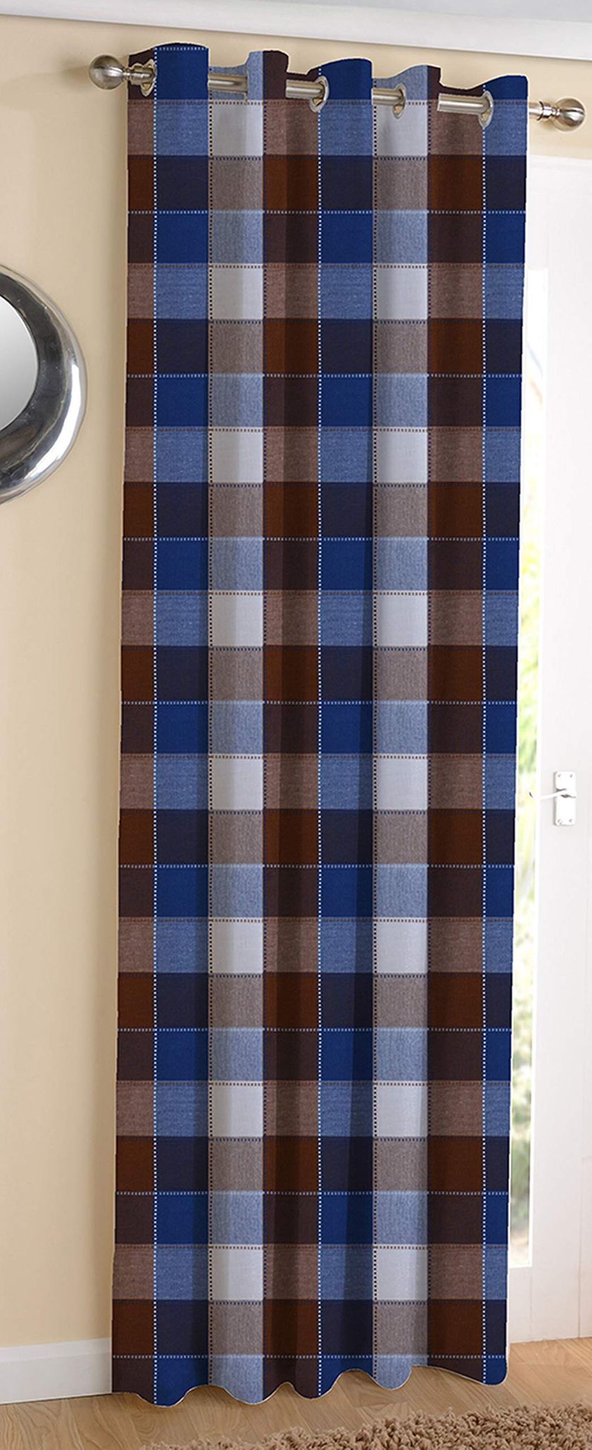 AIRWILL Cotton Dobby Blue Designed Blackout and Room Darkening 5ft Window Curtains Pack of 1 pc. (Checks - Brown,Blue)