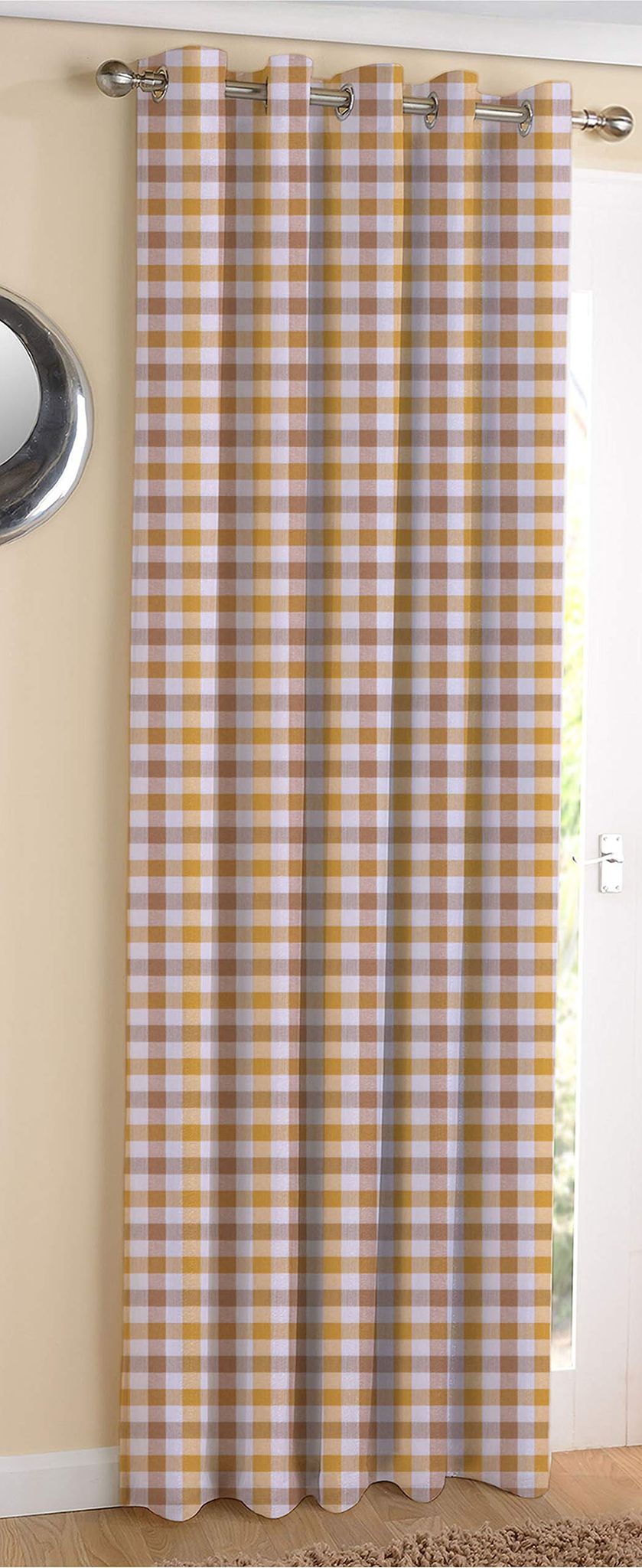 AIRWILL Cotton Lanfrancki Yellow Designed Blackout and Room Darkening 7ft Door Curtains Pack of 1 pc. (Checks - Yellow,Grey)