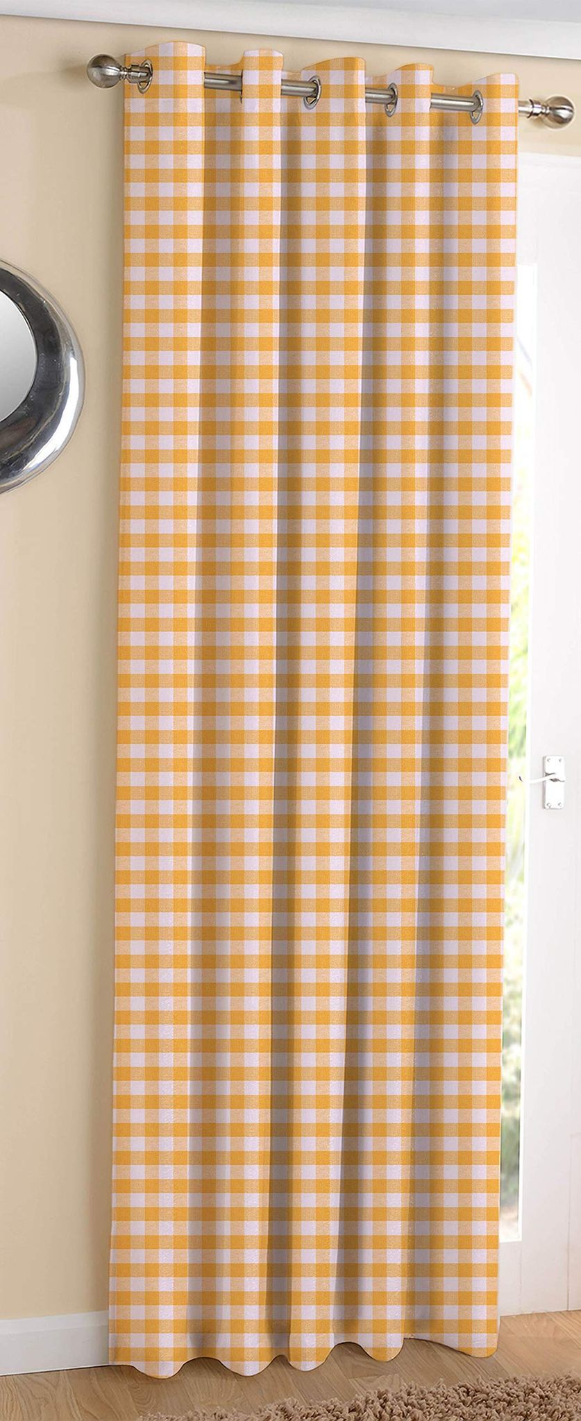 AIRWILL Cotton Gingham Check Yellow Designed Blackout and Room Darkening Door Checks Curtains (7ft, Yellow)