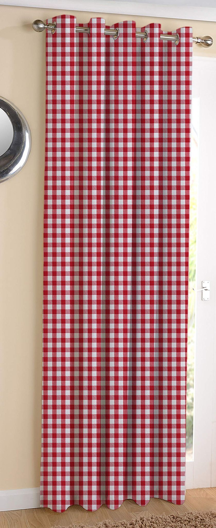 AIRWILL Cotton Gingham Check Red Designed Blackout and Room Darkening Door Checks Curtains (7ft, Red)
