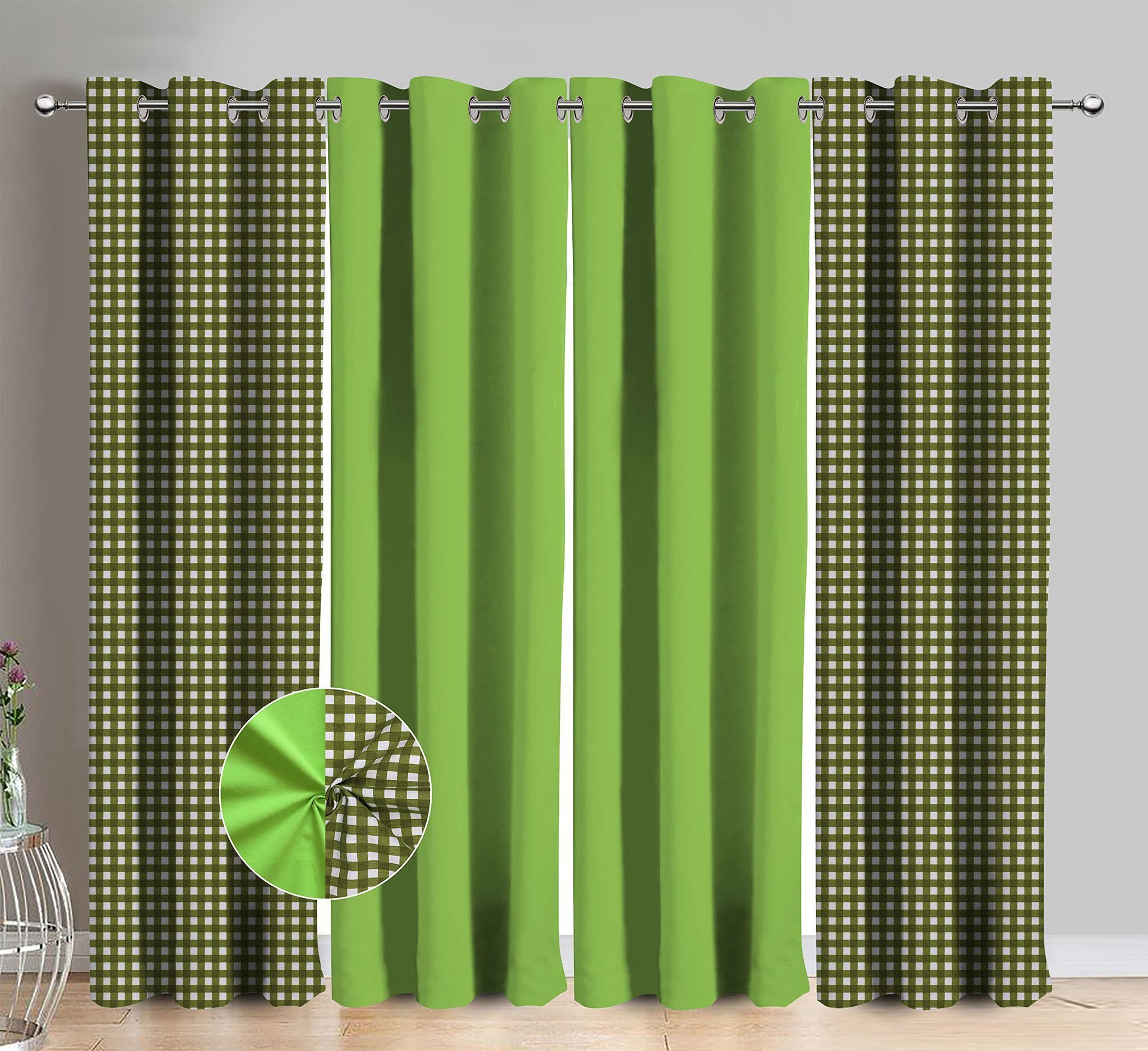 AIRWILL Cotton Tea Time Check Green Checkered & Solid Pattern Door Curtains 214 / 7ft Length - (Green, Pack of 4)