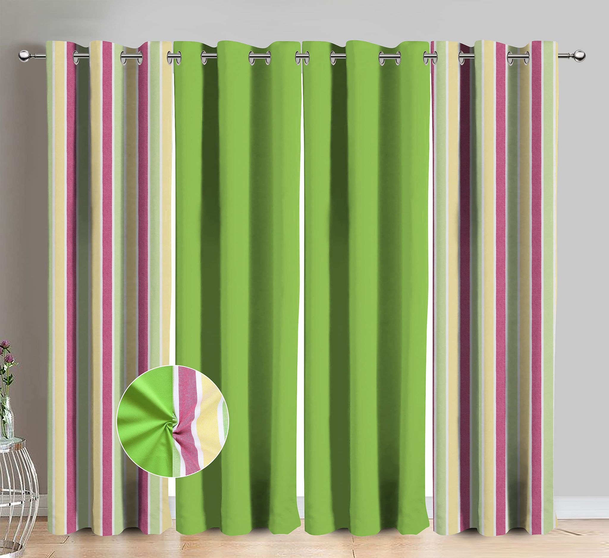 AIRWILL Cotton Candy Stipe Green Striped & Solid Pattern Door Curtains 214 / 7ft Length - (Green, Pack of 4)