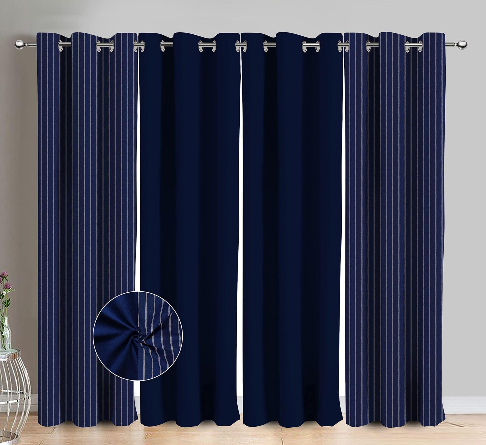 AIRWILL Cotton Pin Stripe Blue Striped & Solid Pattern Door Curtains 214 / 7ft Length - (Blue, Pack of 4)