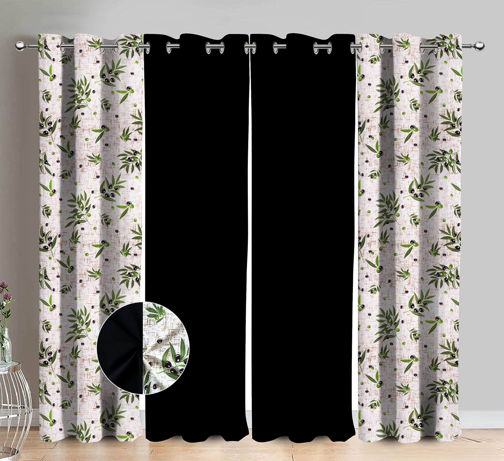 AIRWILL Cotton Olive Leaf Floral & Solid Pattern Door Curtains 214 / 7ft Length - (Green & Black, Pack of 4)
