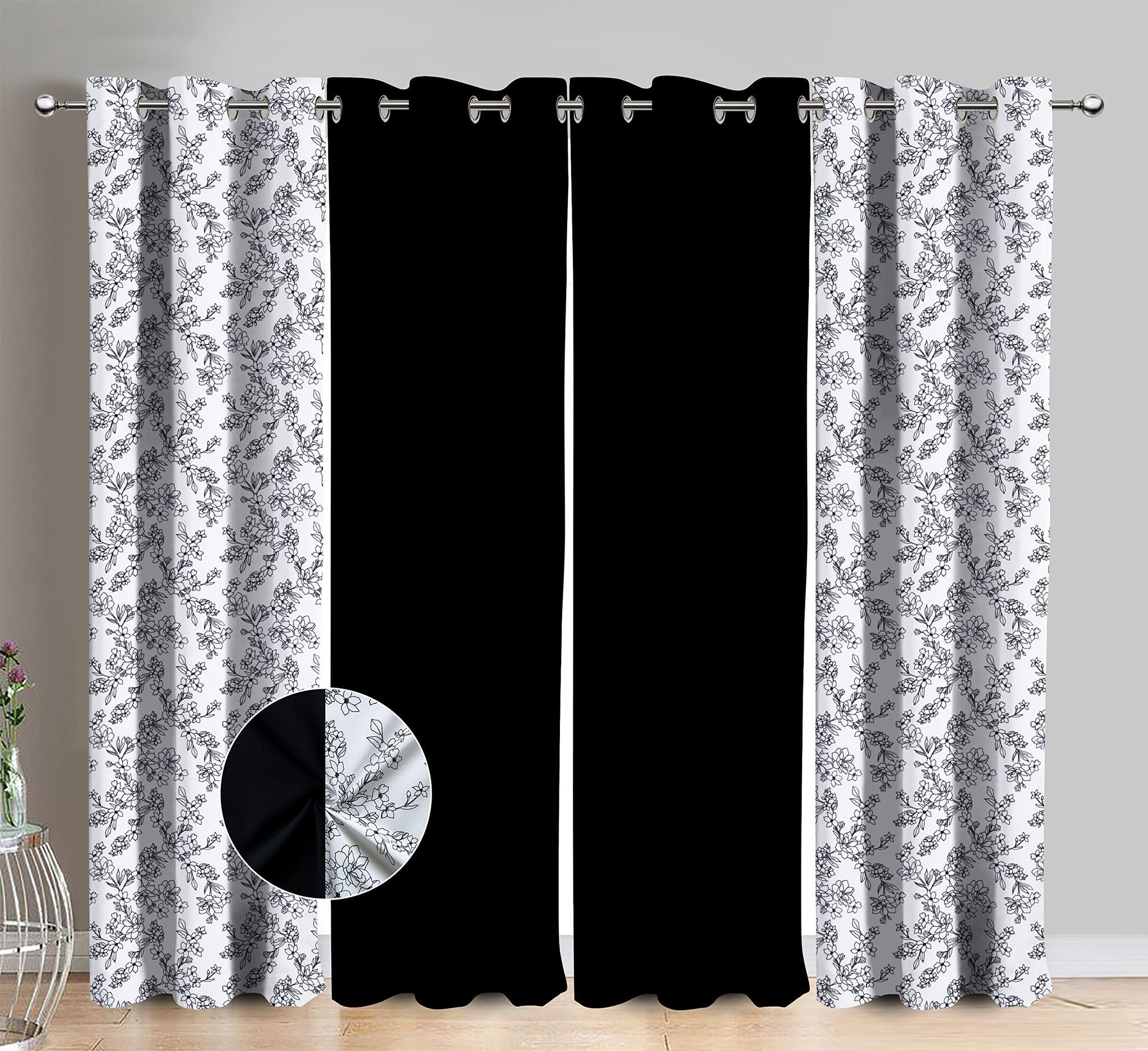 AIRWILL Cotton Single Leaf Black Floral & Solid Pattern Door Curtains 214 / 7ft Length - (Black, Pack of 4)