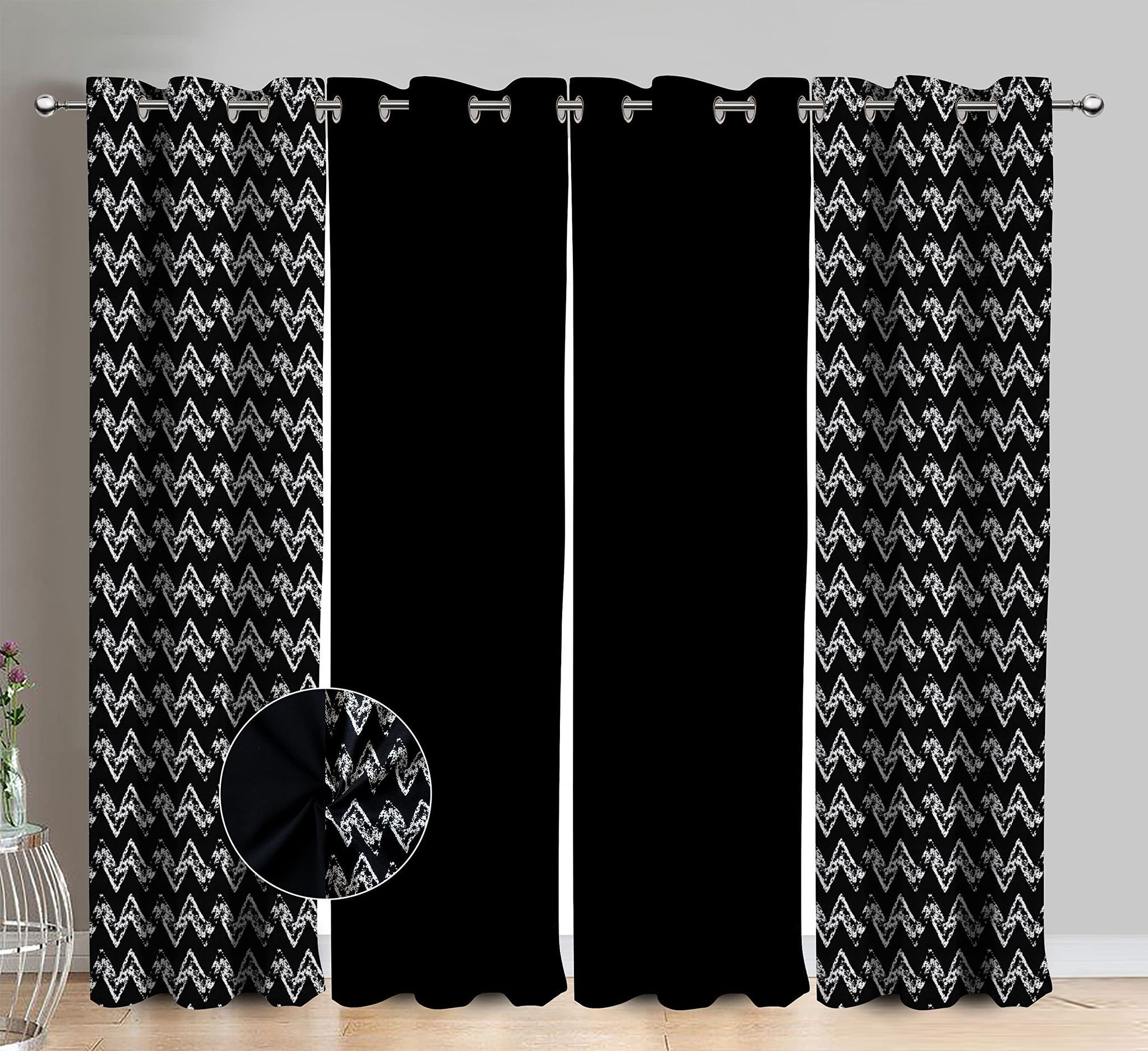 AIRWILL Cotton Classic Diamond Black Geometric & Solid Pattern Door Curtains 214 / 7ft Length - (Black, Pack of 4)