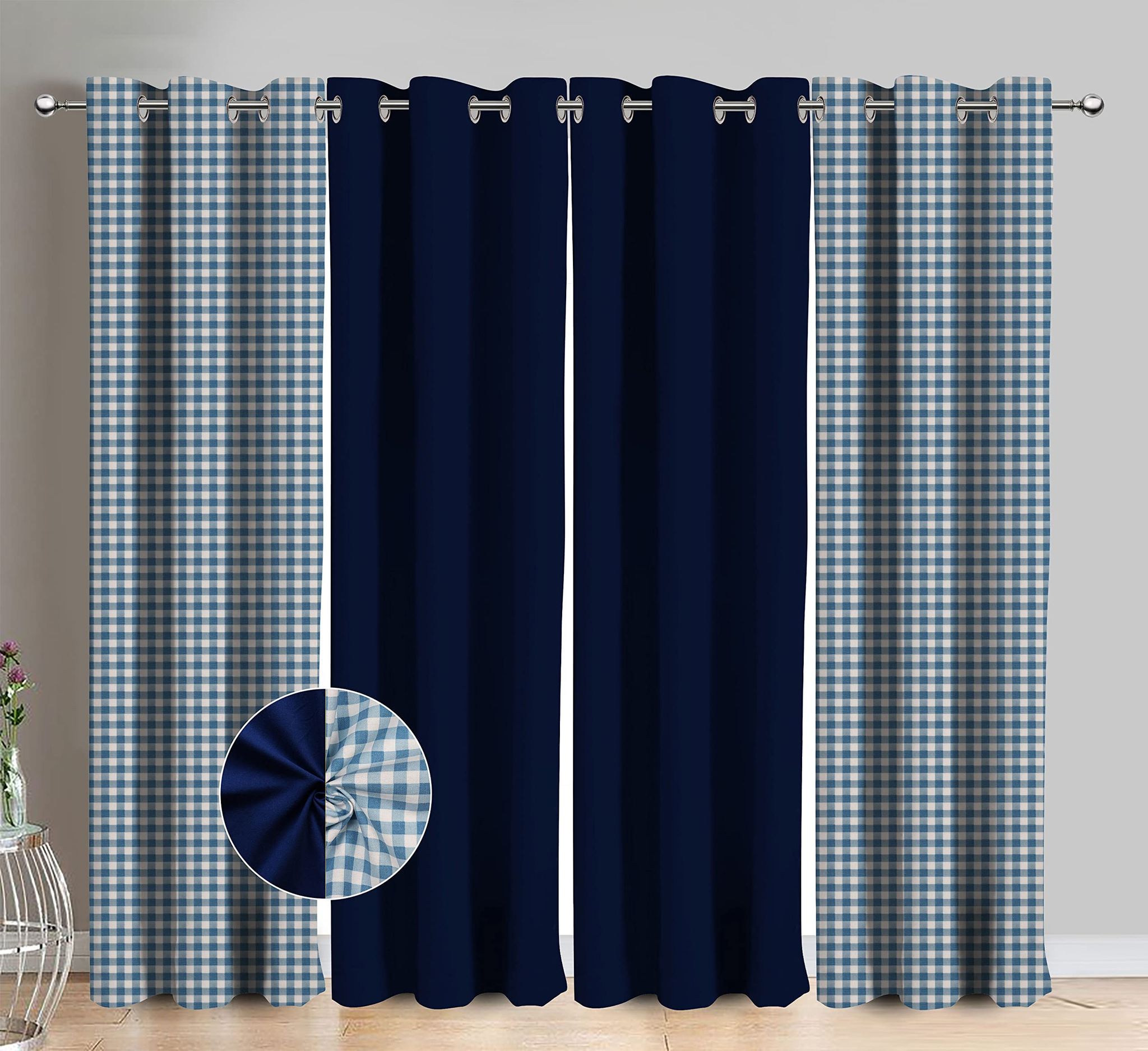 AIRWILL Cotton Gingham Check Blue Checkered & Solid Pattern Door Curtains 214 / 7ft Length - (Blue, Pack of 4)