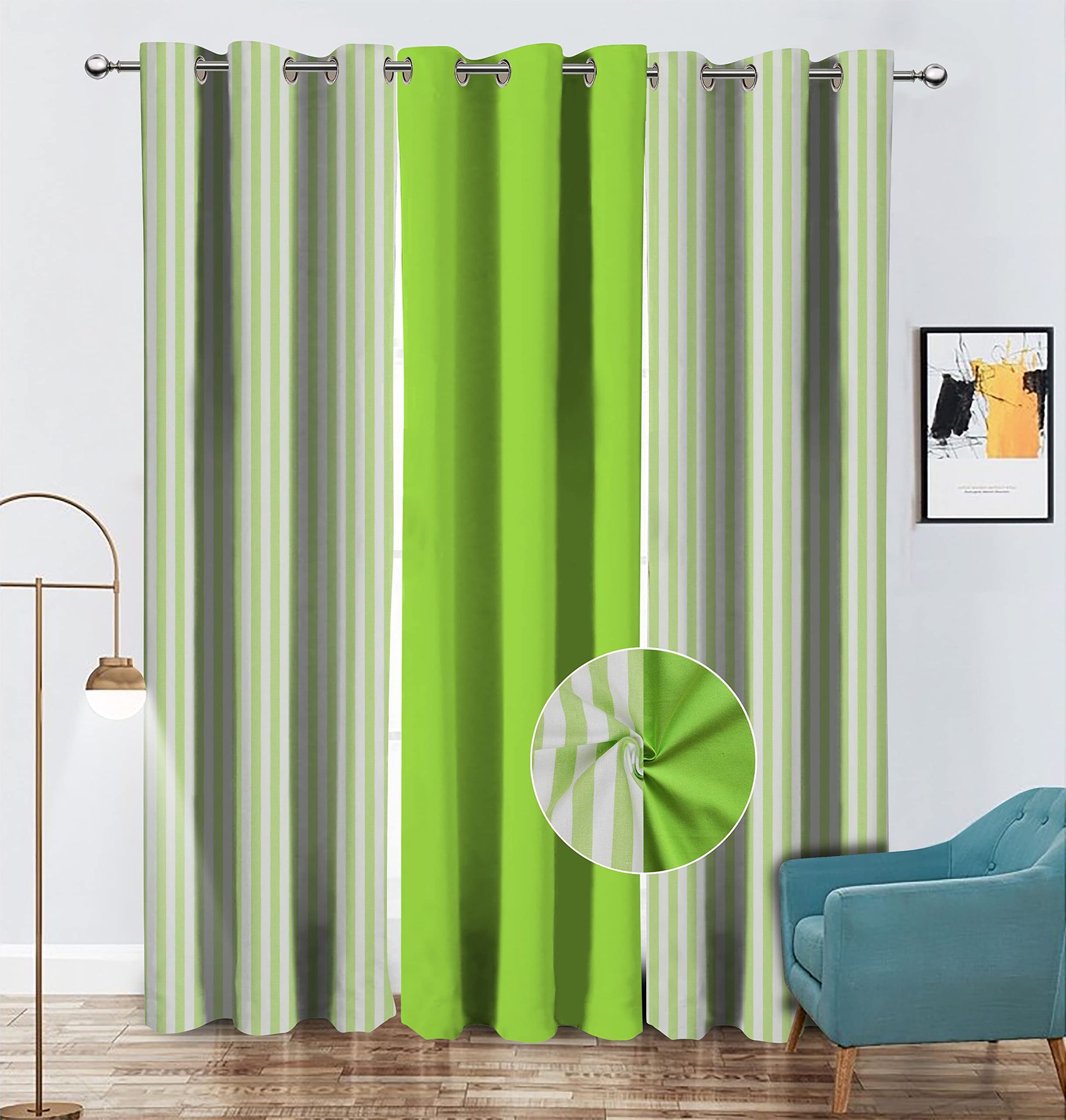 AIRWILL Cotton Striped & Solid Pattern Door Curtains 214cm / 7ft - (Green, Pack of 3)