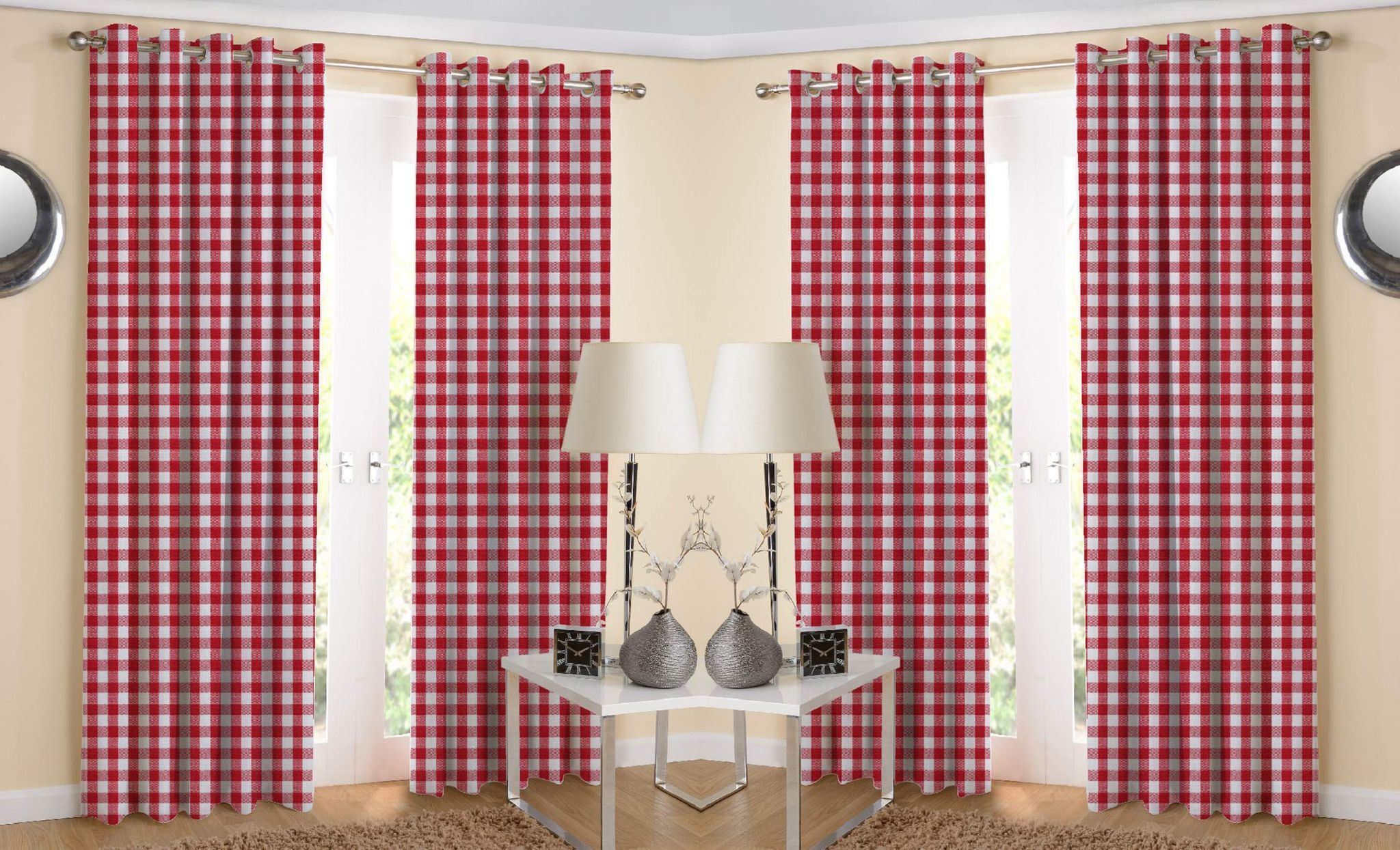 AIRWILL Cotton Handloom Weaved Eyeleted Door Curtains (4x7 feet, Red/White) - Pack of 4 Pieces, Grommets