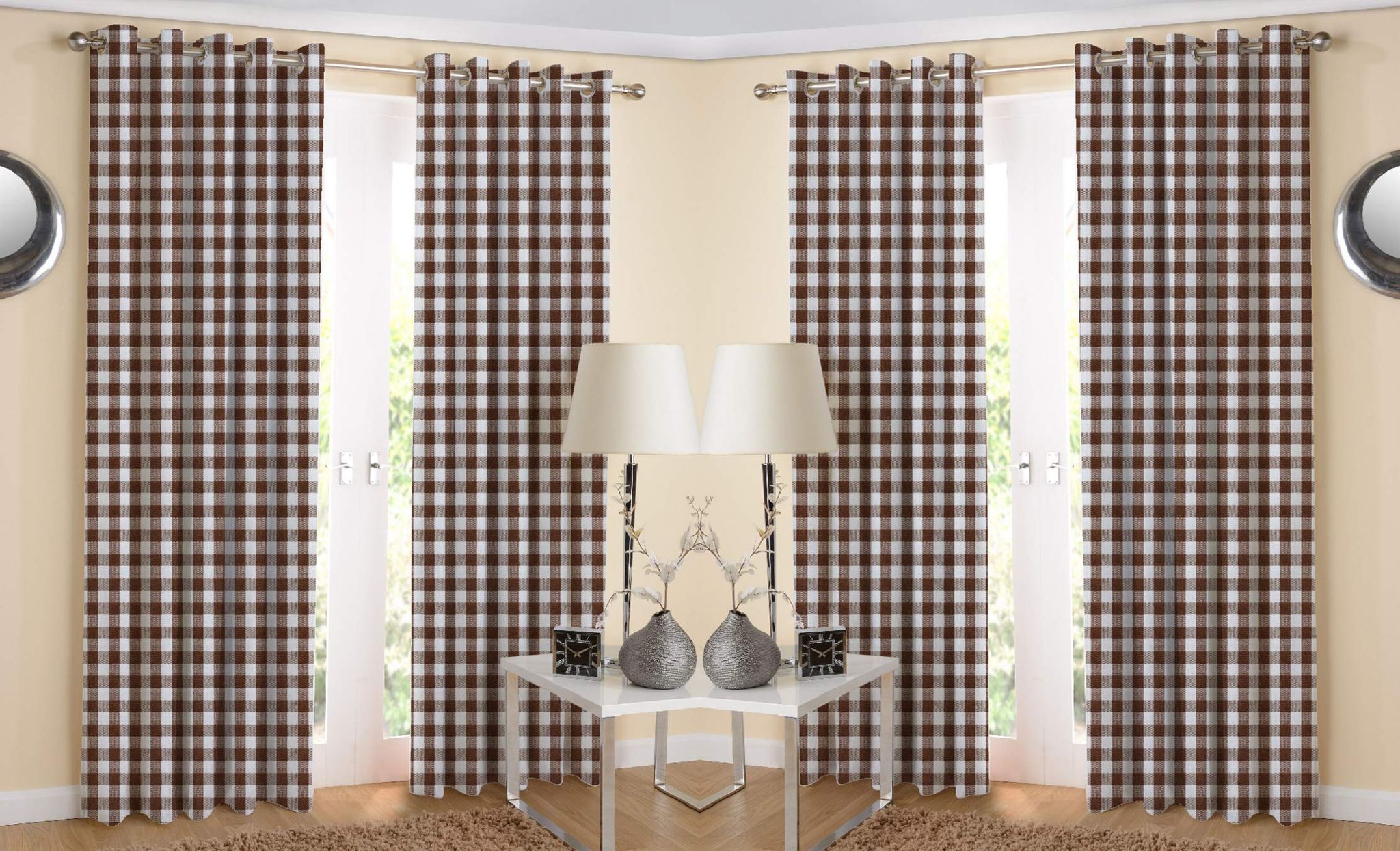 AIRWILL Cotton Eyeleted Door Curtains; Brown/White, 4ft in Width and 7ft Length - Pack of 4 Pieces