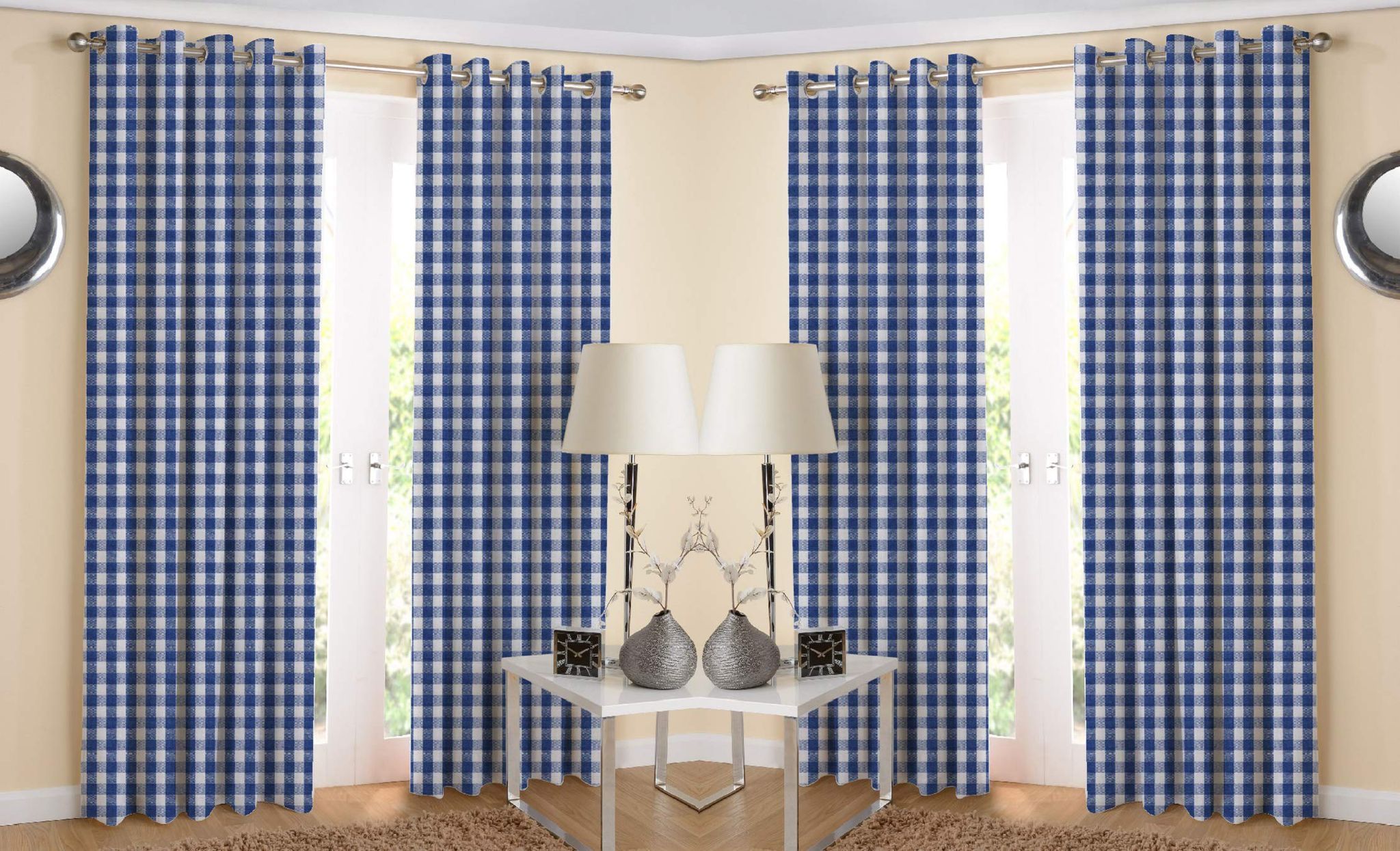 AIRWILL Cotton Eyeleted Door Curtains (Blue, White, 4ft in Width and 7ft Length) -Pack of 4.