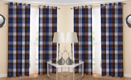 AIRWILL Cotton Eyeleted Door Curtains, Blue/Brown/White, 4ft in Width and 7ft Length - Pack of 4 Pieces