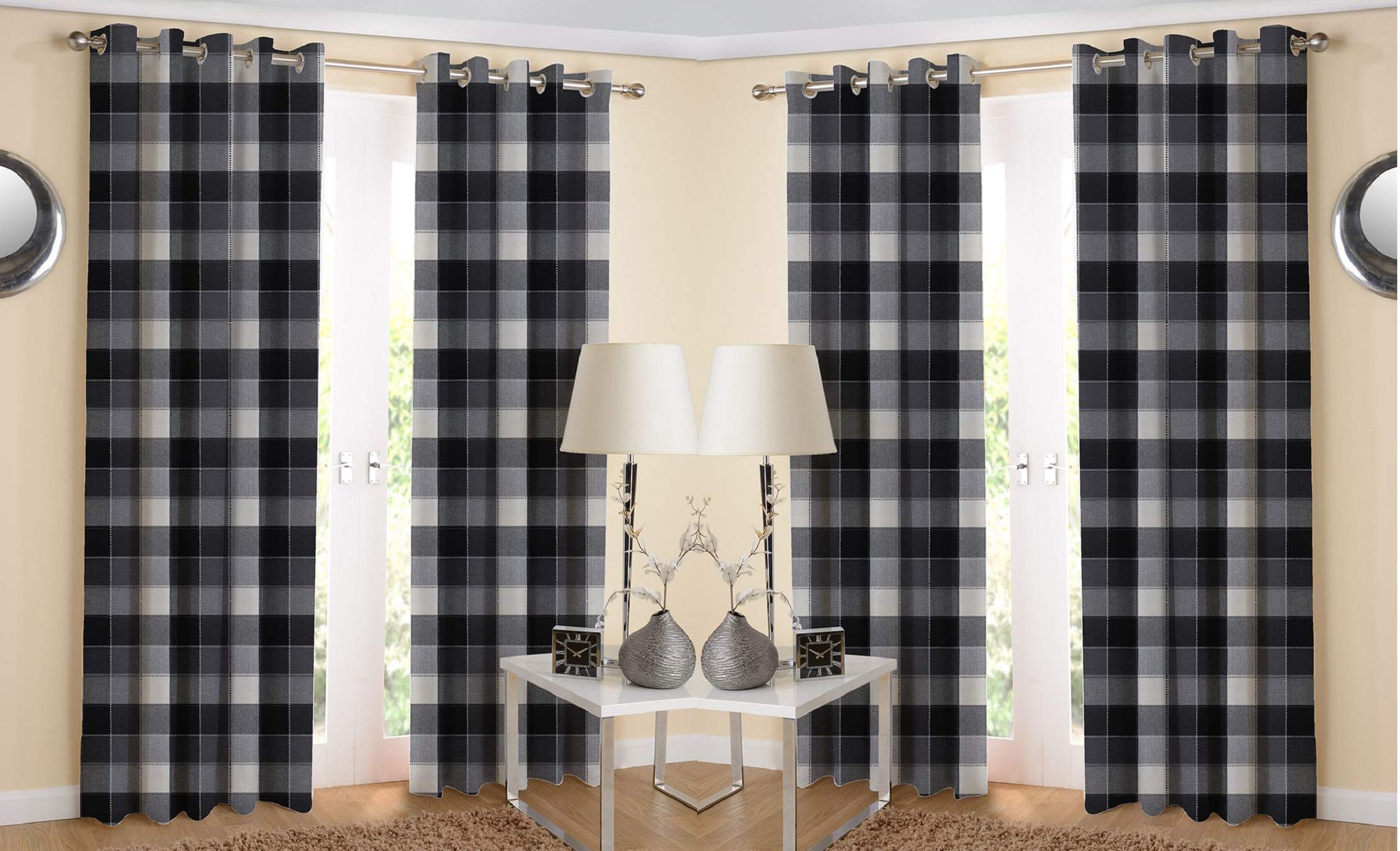 AIRWILL Cotton Eyeleted Door Curtains, Black, 4 x 7 ft - Pack of 4 Pieces.