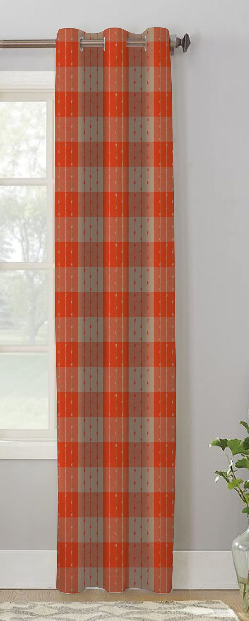 AIRWILL Cotton Beast Orange Designed Checkered Pattern Door - 4x7ft Curtains - (Pack of 1 pc) - Orange, Beige
