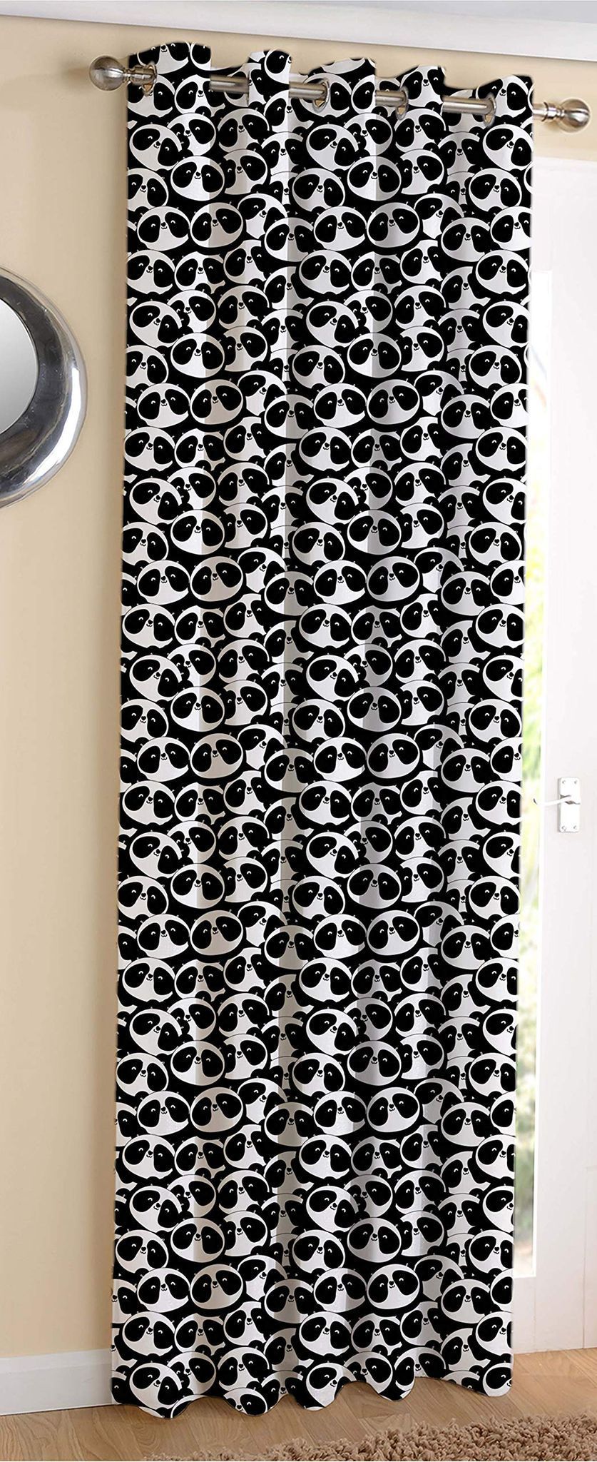 AIRWILL Cotton Panda Designed Blackout and Room Darkening 7ft Door Curtains Pack of 1 pc. (Cartoon - Black)