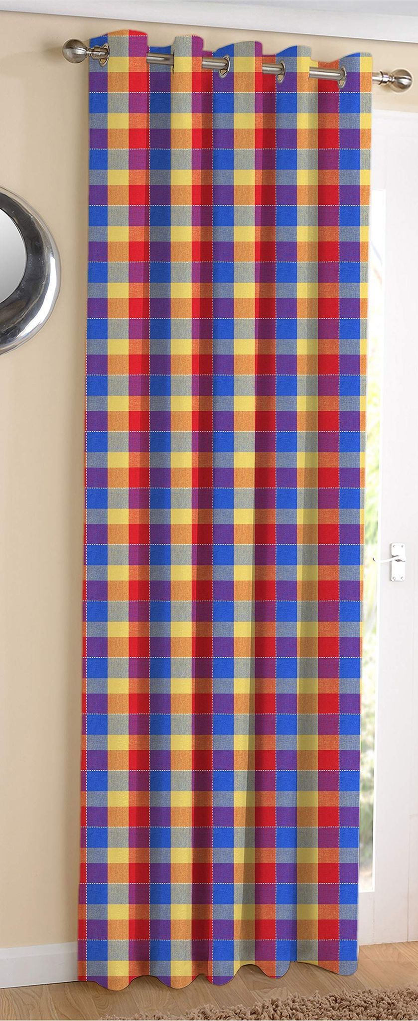 AIRWILL Cotton Addukkalm Designed Blackout and Room Darkening 7ft Door Curtains Pack of 1 pc. (Checks - Blue,Red,Yellow)