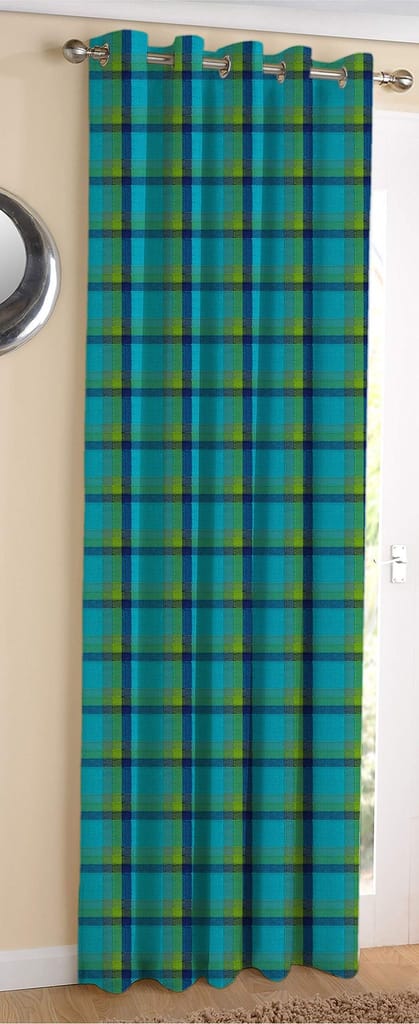 AIRWILL Cotton Iron Dobby Blue Designed Blackout and Room Darkening 7ft Door Curtains Pack of 1 pc. (Checks - Blue)