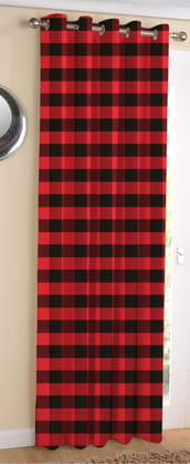 AIRWILL Cotton Big Check Designed Blackout and Room Darkening 7ft Door Curtains Pack of 1 pc. (Checks - Black,Red)