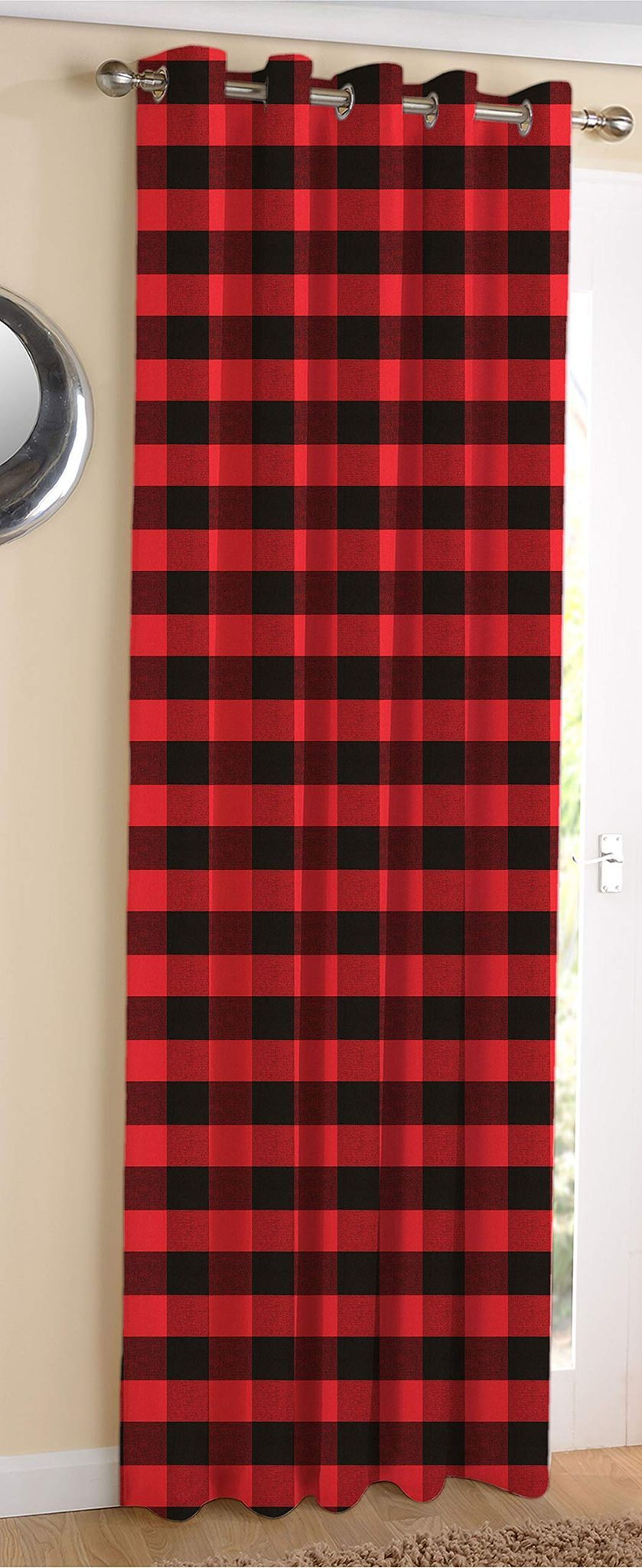 AIRWILL Cotton Big Check Designed Blackout and Room Darkening 7ft Door Curtains Pack of 1 pc. (Checks - Black,Red)