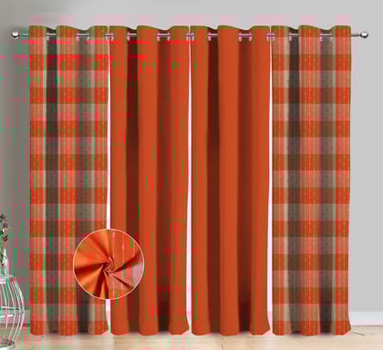 AIRWILL Cotton Gingham Check Orange Checkered & Solid Pattern Window Curtains 153 / 5ft Length - (Orange, Pack of 4)