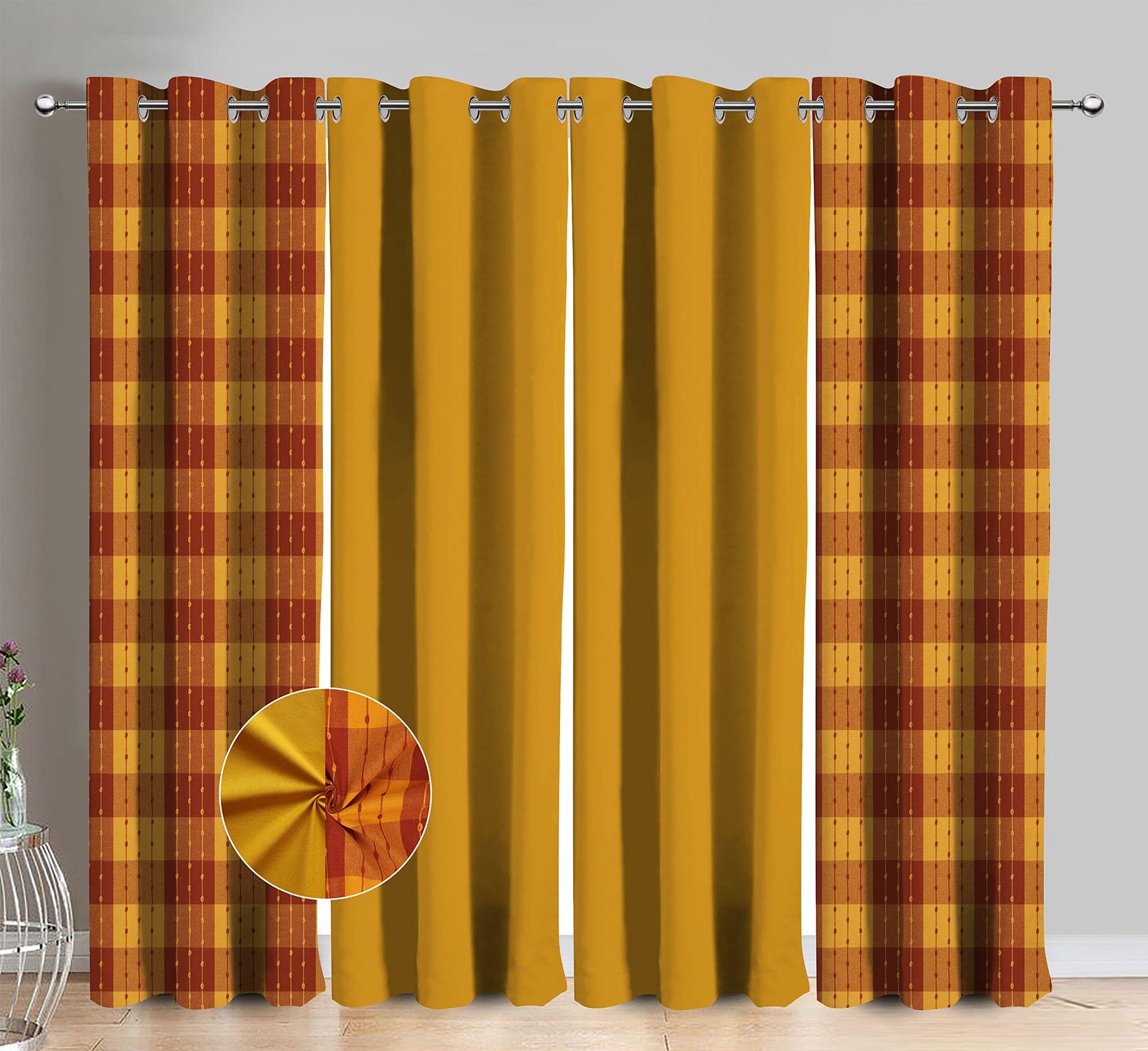 AIRWILL Cotton Gingham Check Yellow Checkered & Solid Pattern Window Curtains 153 / 5ft Length - (Yellow, Pack of 4)