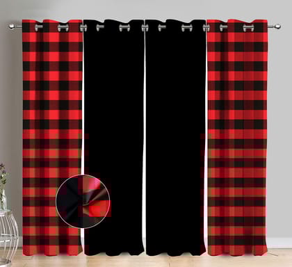 AIRWILL Cotton Dobby Red Checkered & Solid Pattern Window Curtains 153 / 5ft Length - (Red, Pack of 4)