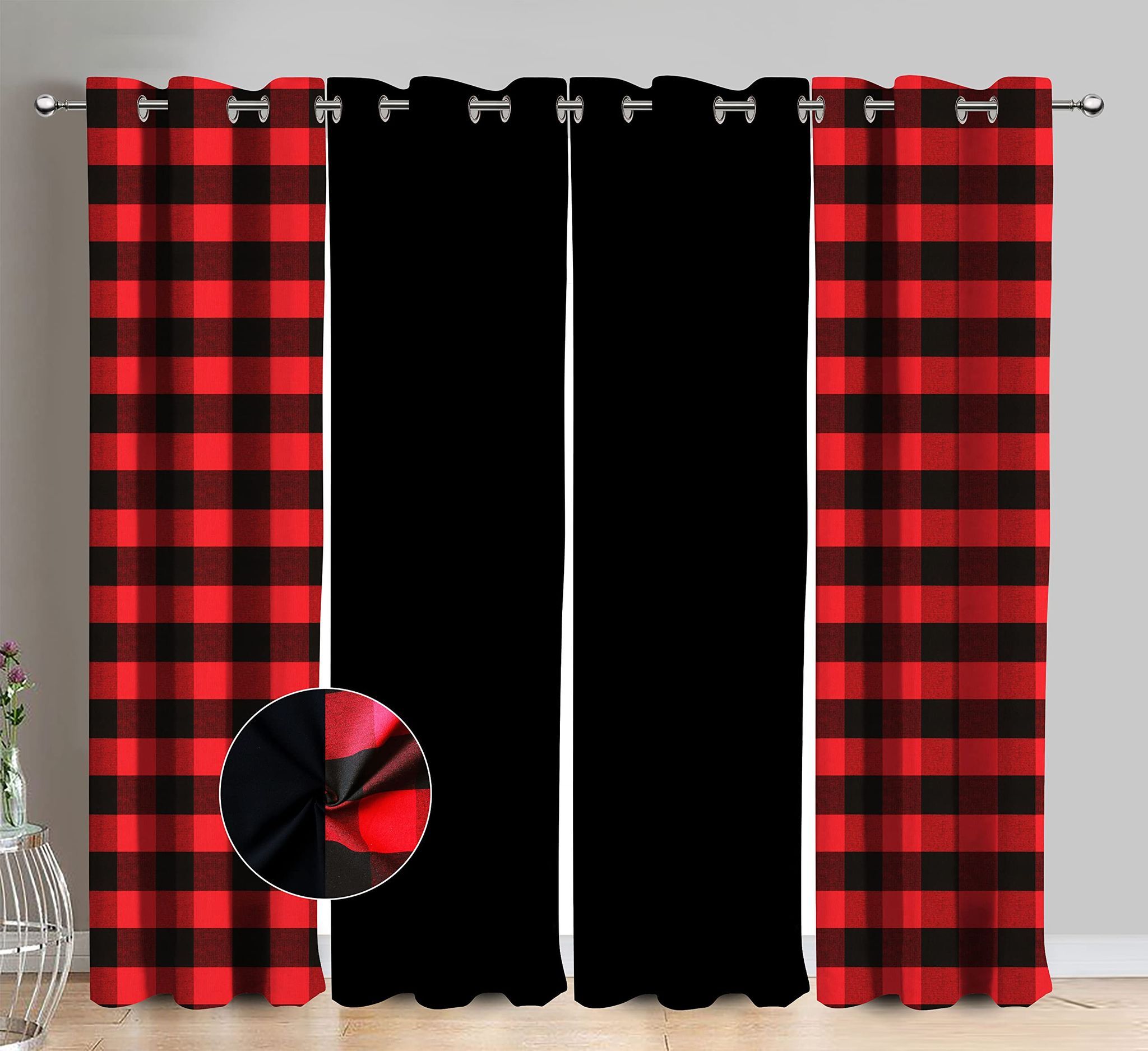AIRWILL Cotton Dobby Red Checkered & Solid Pattern Window Curtains 153 / 5ft Length - (Red, Pack of 4)