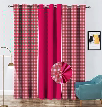 AIRWILL Cotton Checkered & Solid Pattern Window Curtains 122x153cm / 4x5ft - (Pink, Pack of 3 pcs - Checkered, 2pcs & Plain/Solid, 1pc)