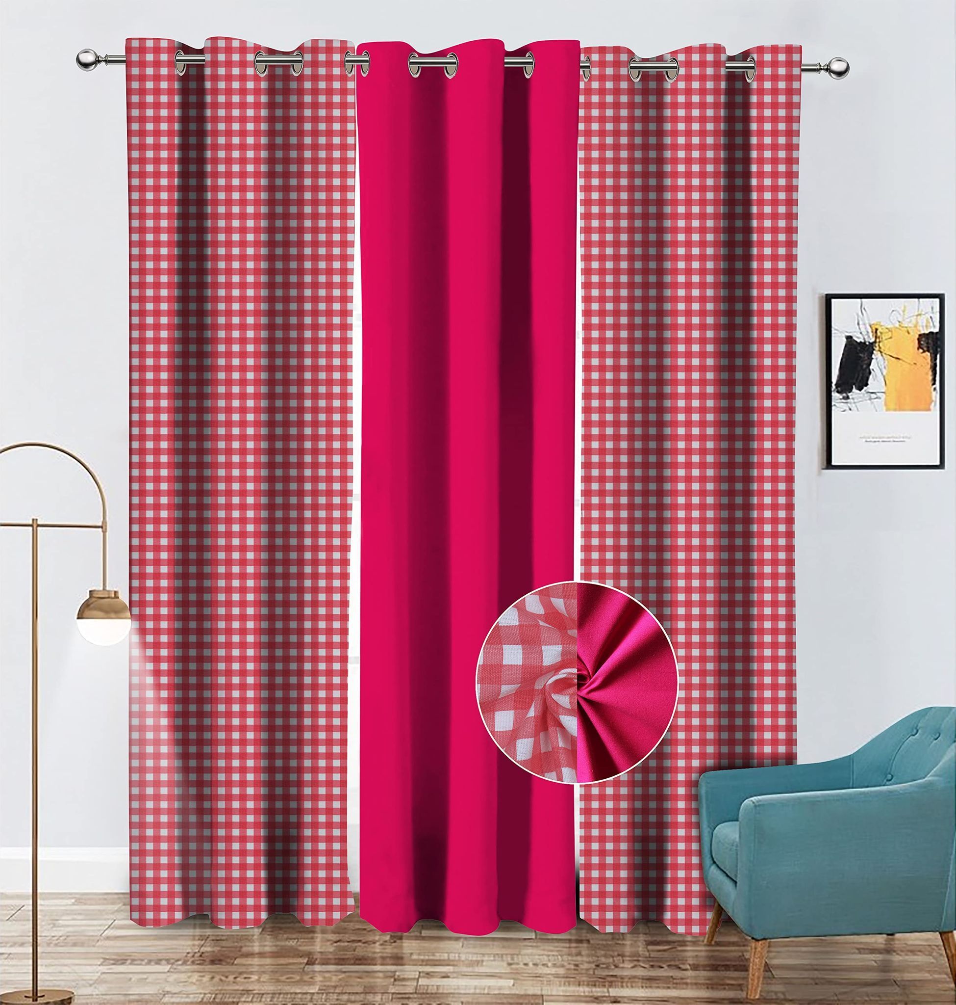 AIRWILL Cotton Checkered & Solid Pattern Window Curtains 122x153cm / 4x5ft - (Pink, Pack of 3 pcs - Checkered, 2pcs & Plain/Solid, 1pc)