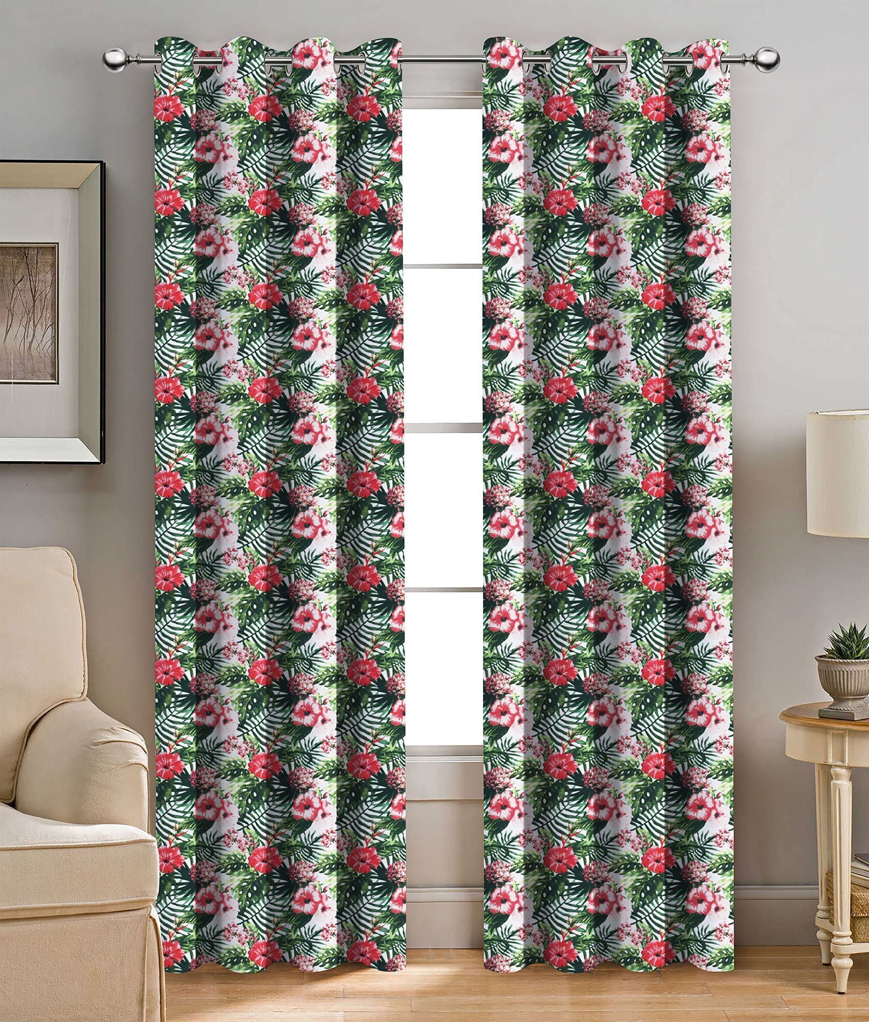 AIRWILL, Cotton Designer Green Hibiscus Themed Designer Door Curtains, Sized 4ft in Width and 7ft in Length. Pack of 2 Pieces