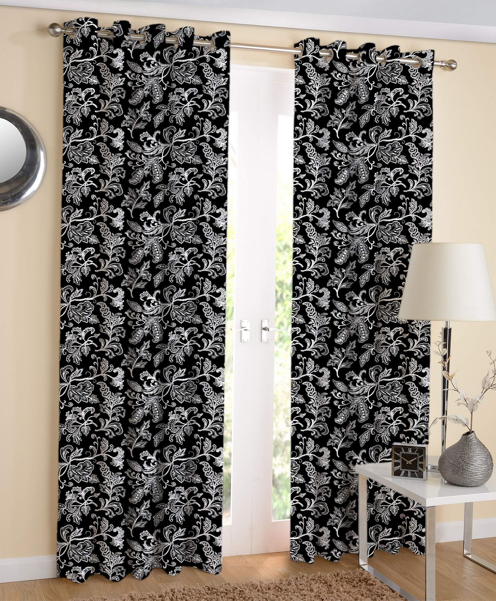 AIRWILL, 100% Cotton Designer Printed 7ft Door Curtains, (Black &White Colors) Pack of 2 pcs