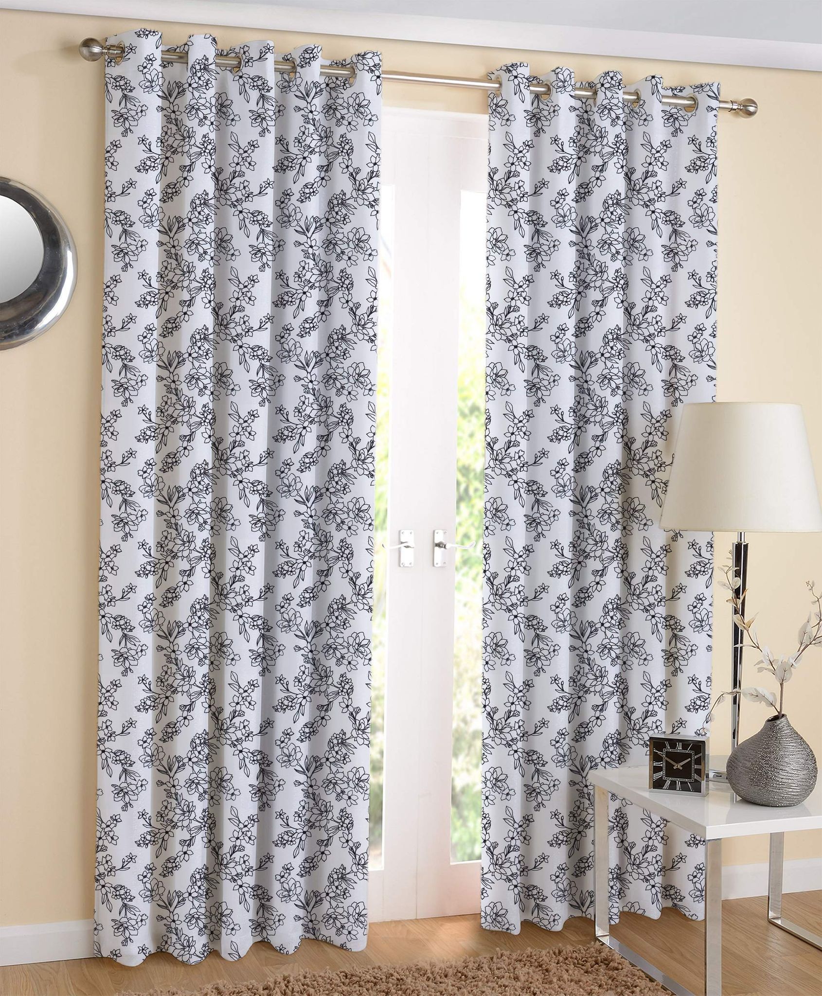 AIRWILL, 100% Cotton Designer Printed 7ft Door Curtains, (Black &White Colors) Pack of 2 pcs