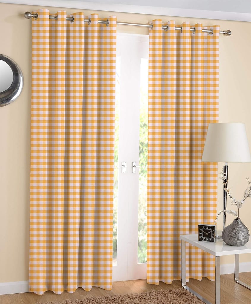 AIRWILL Cotton Checkered Grommet Curtain (4 x 5 ft, Yellow) -Pack of 2
