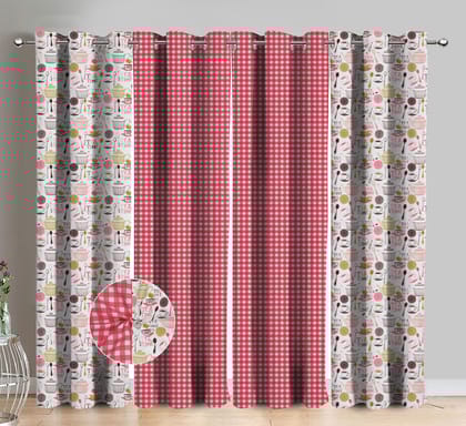 AIRWILL Cotton Tea Time Pink Printed & Solid Pattern Window Curtains 153 / 5ft Length - (Pink, Pack of 4)