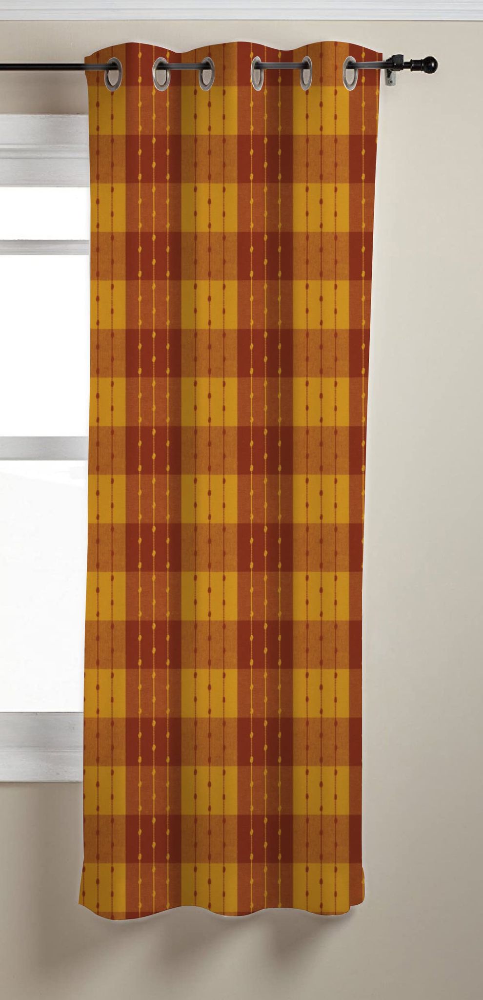 AIRWILL, Cotton Checkered Pattern Window - 4x5ft Curtains - (Pack of 1 pc) - Maroon, Yellow