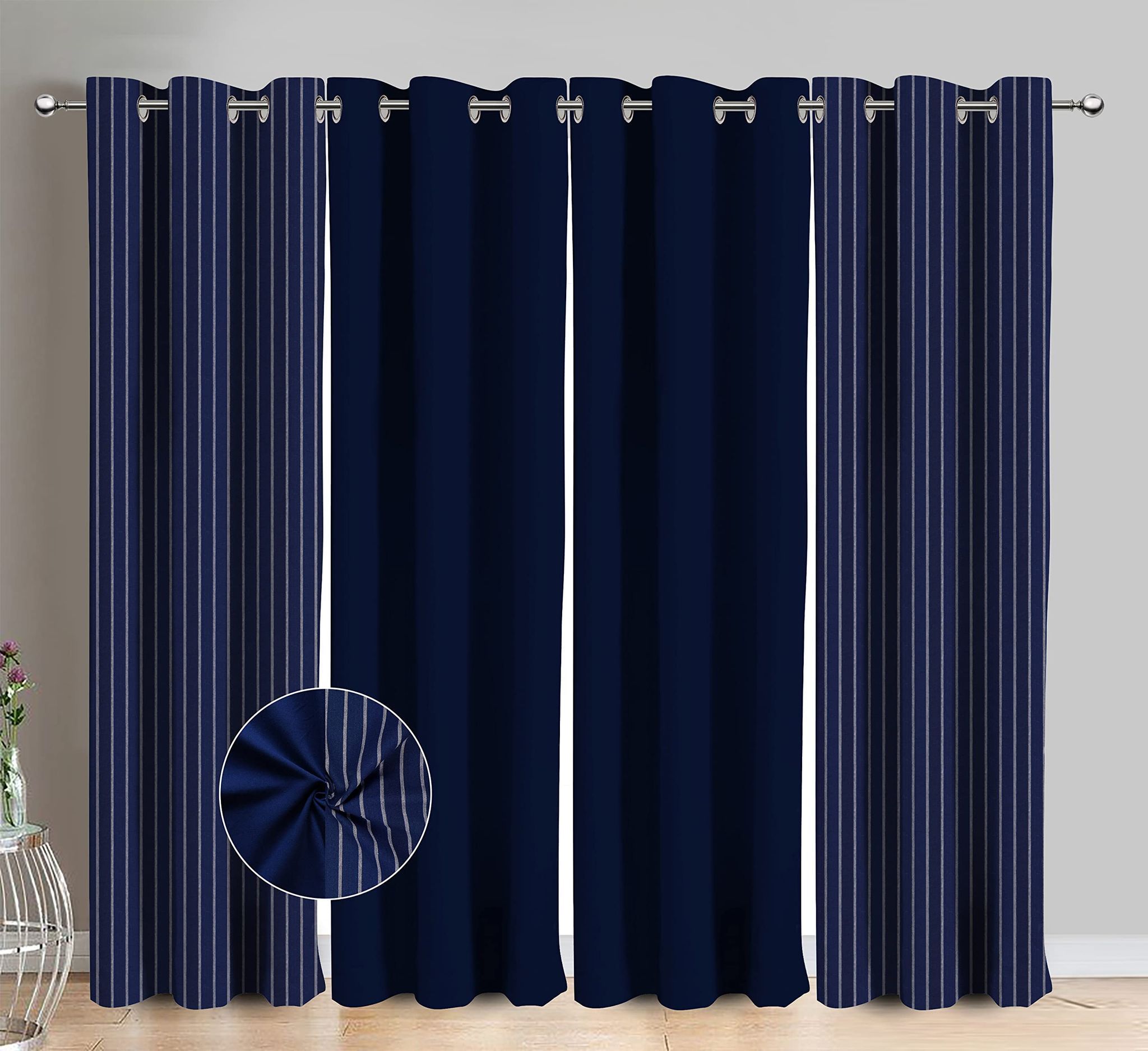 AIRWILL Cotton Candy Stripe Blue Striped & Solid Pattern Window Curtains 153 / 5ft Length - (Blue, Pack of 4)