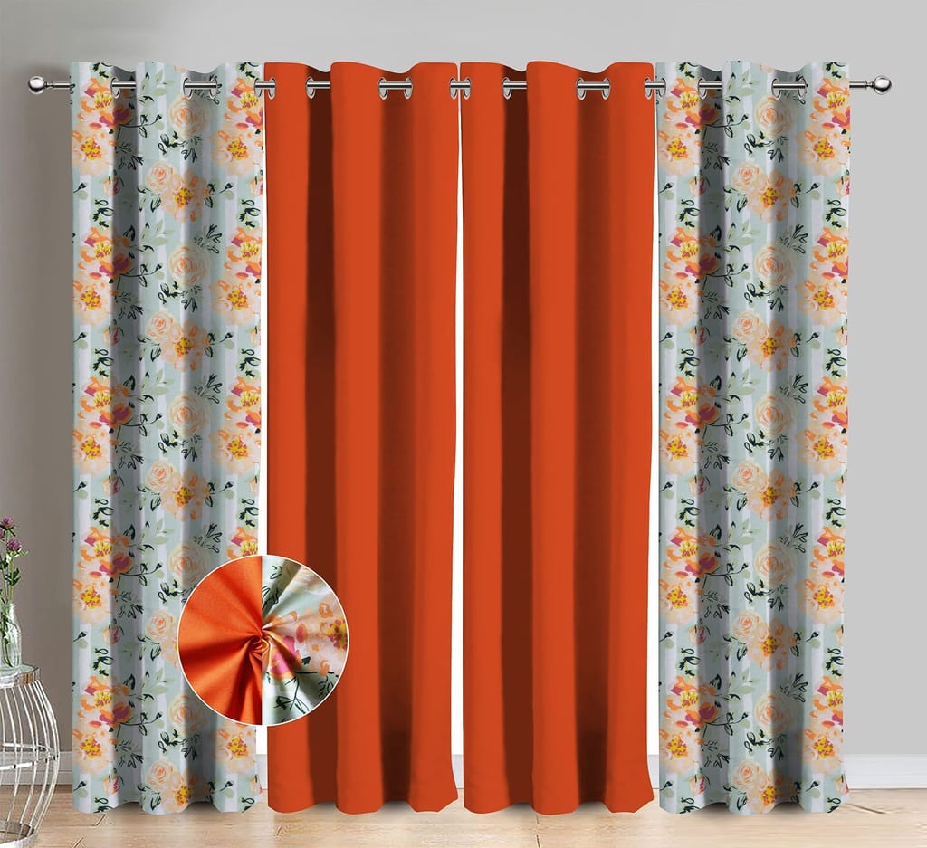 AIRWILL Cotton Orange Flower Floral & Solid Pattern Window Curtains 153 / 5ft Length - (Orange, Pack of 4) - Flowers | Buy online on ZillyBuy