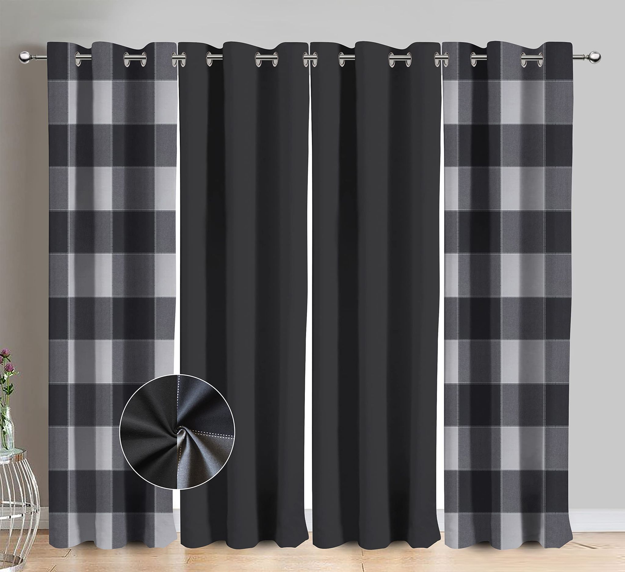 AIRWILL Cotton Lanfranki Gray Checkered & Solid Pattern Window Curtains 153 / 5ft Length - (Grey, Pack of 4)