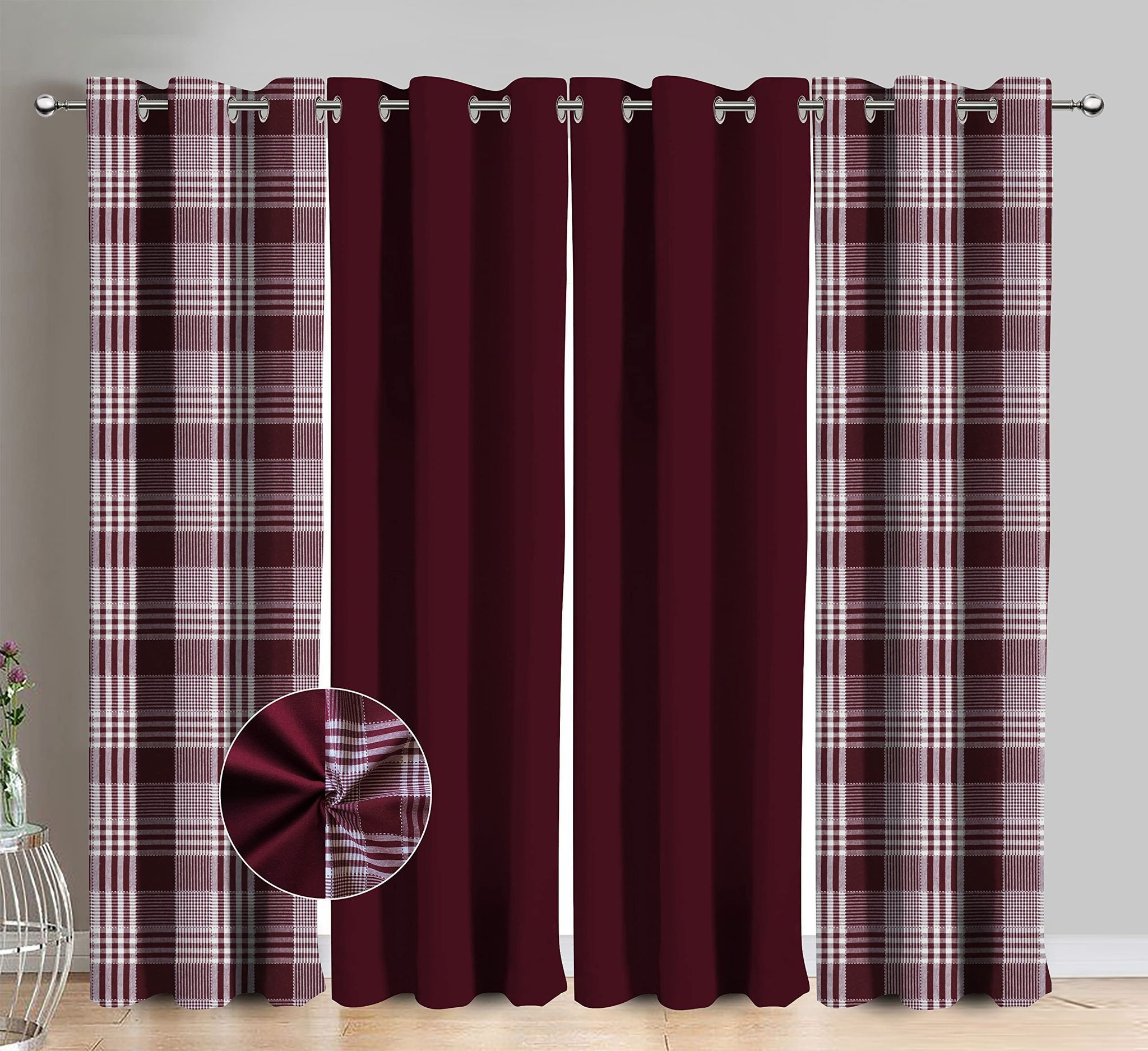 AIRWILL Cotton Track Dobby Maroon Checkered & Solid Pattern Window Curtains 153 / 5ft Length - (Maroon, Pack of 4)