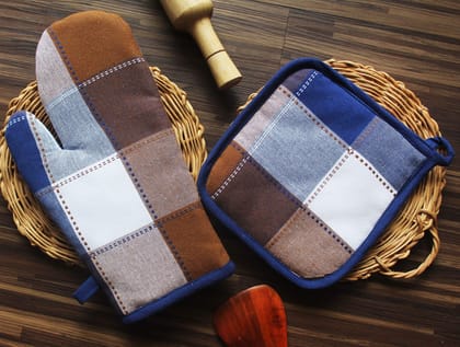 Airwill ? Cotton Designer Pattern Heat Resistant Kitchen Linens (1 Oven Mitt & 1 Pot Holder) (Blue,Brown)