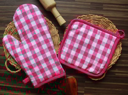 Airwill ? Cotton Designer Pattern Heat Resistant Kitchen Linens (1 Oven Mitt & 1 Pot Holder) (Pink,White)