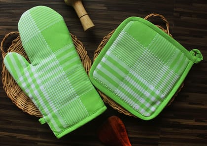 Airwill ? Cotton Designer Pattern Heat Resistant Kitchen Linens (1 Oven Mitt & 1 Pot Holder) (Green)