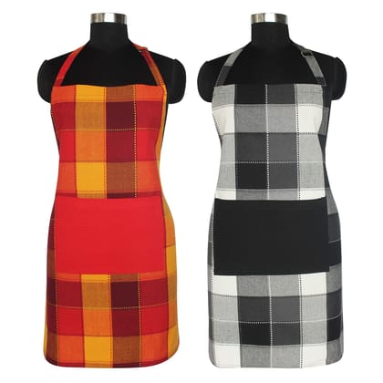 AIRWILL Cotton Kitchen Cooking Aprons for women & men (Checks, Red & Black) - Pack of 2 pcs