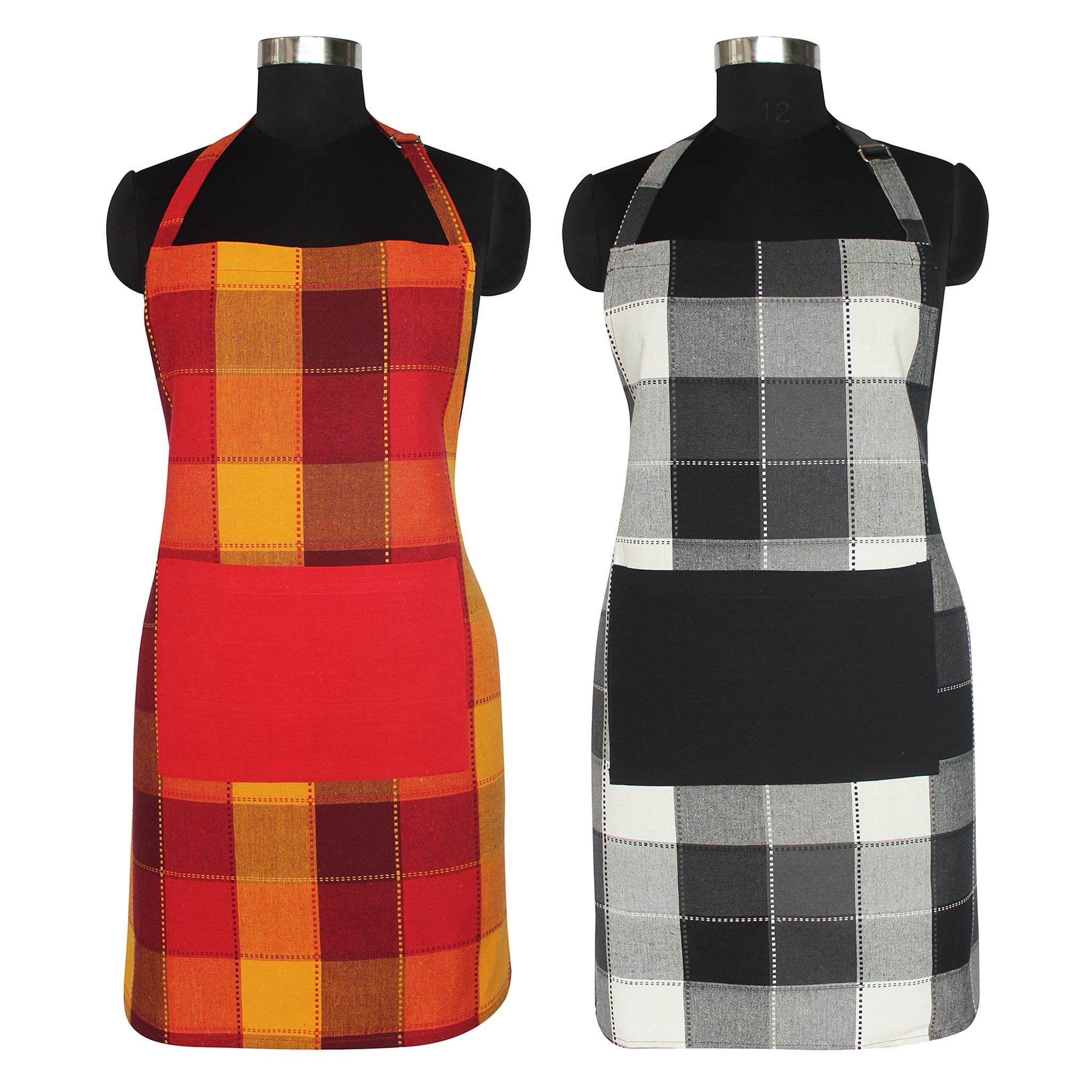 AIRWILL Cotton Kitchen Cooking Aprons for women & men (Checks, Red & Black) - Pack of 2 pcs
