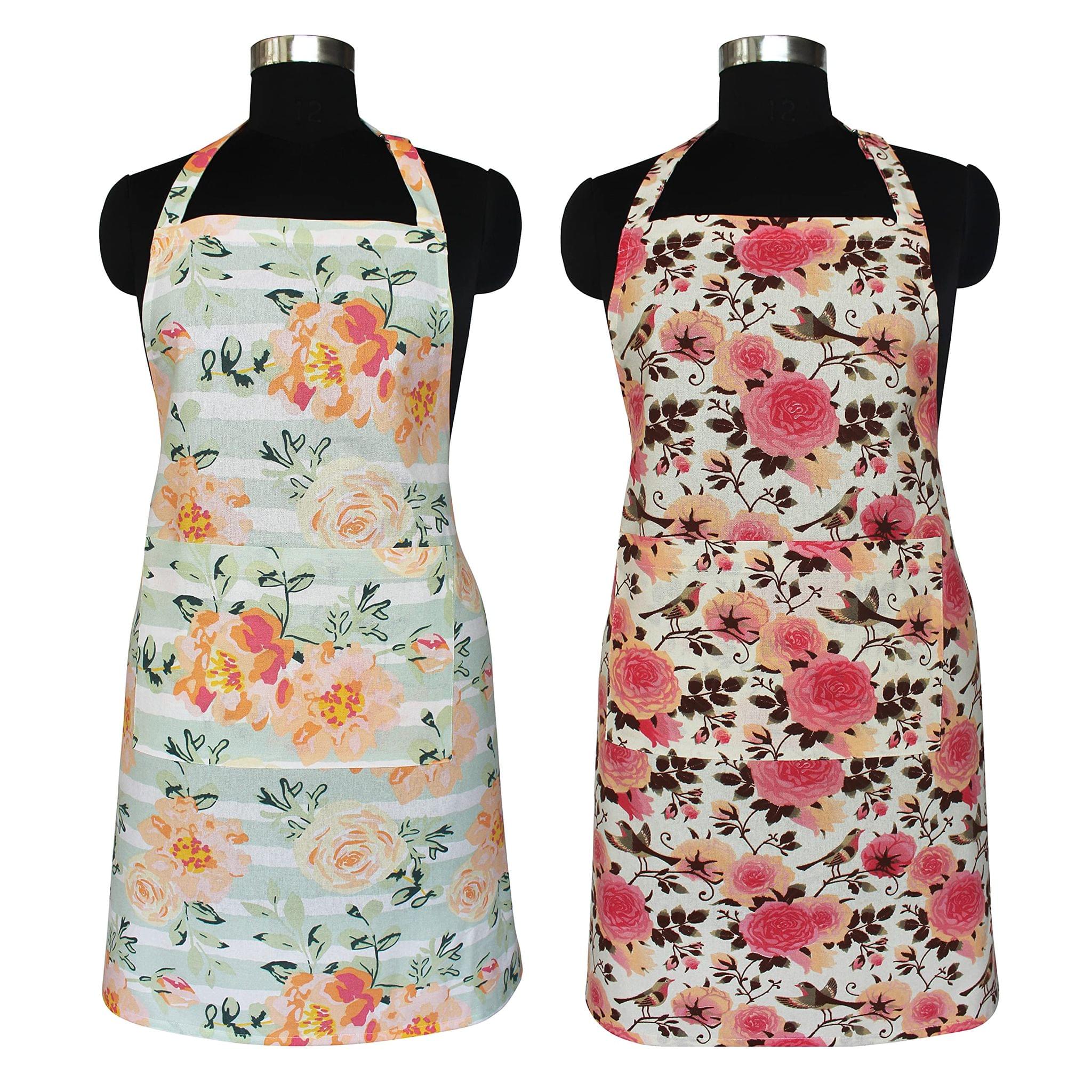 AIRWILL Cotton Kitchen Cooking Aprons for women & men (Floral, Orange & Pink) - Pack of 2 pcs