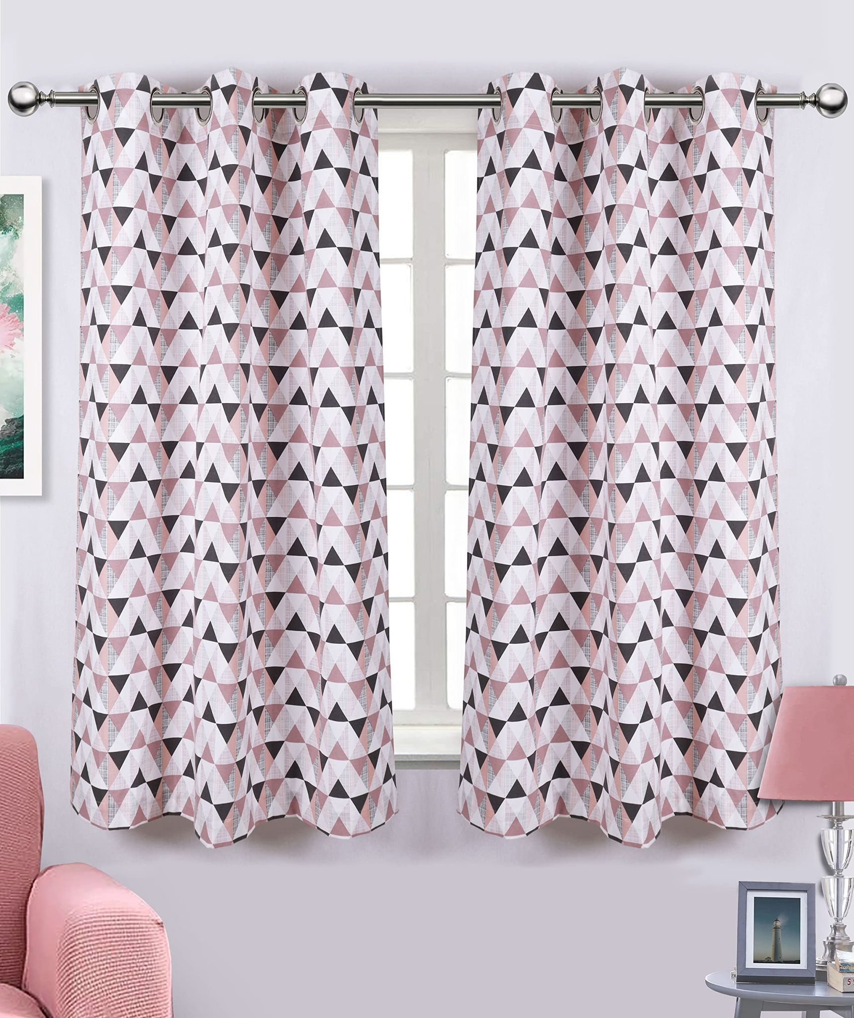 AIRWILL, Cotton Designer Trigon Geometric Themed Designer Window Curtains, Sized 4ft in Width and 5ft in Length. Pack of 2 Pieces