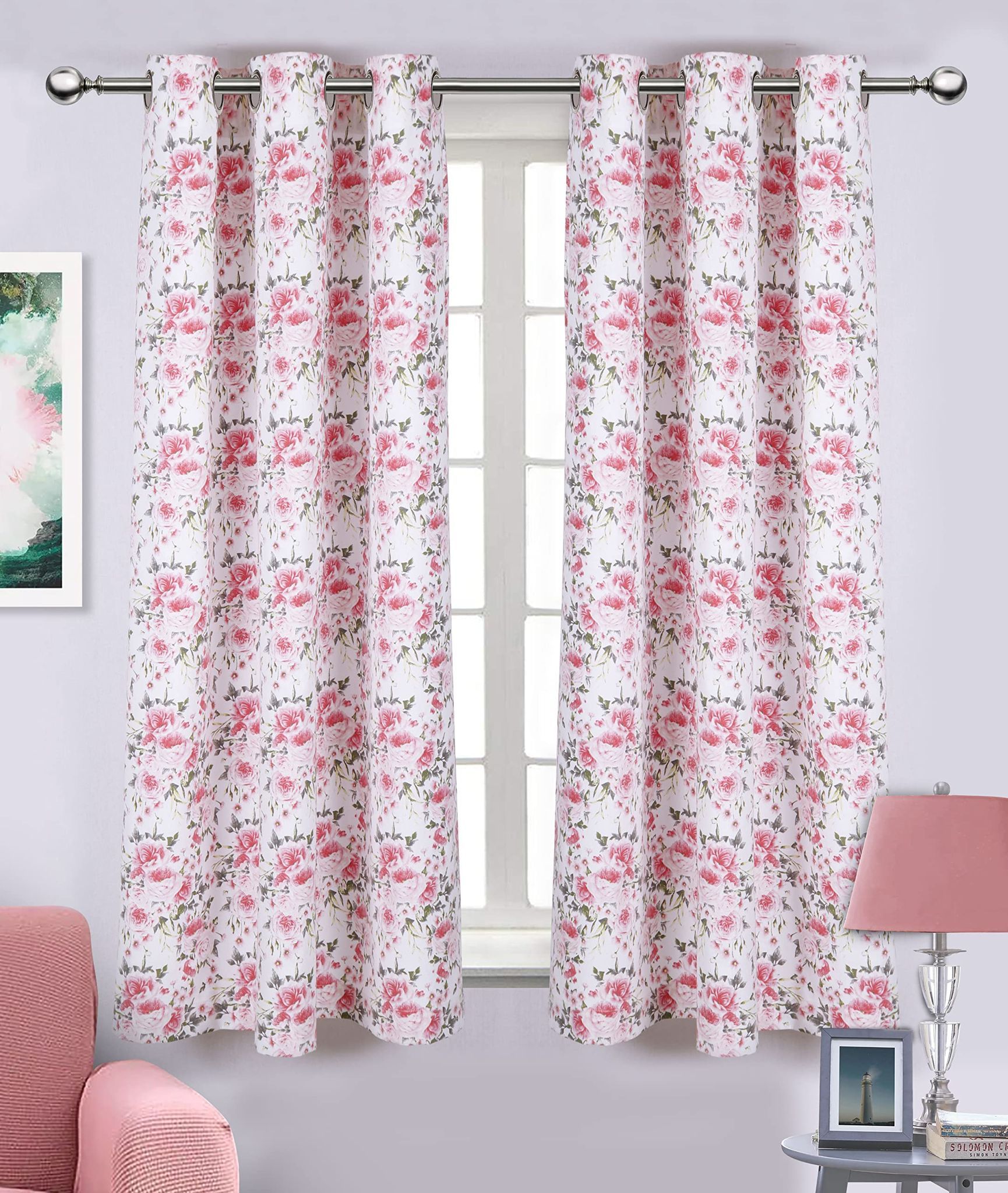 AIRWILL, Cotton Designer Pinky Floral Themed Designer Window Curtains, Sized 4ft in Width and 5ft in Length. Pack of 2 Pieces
