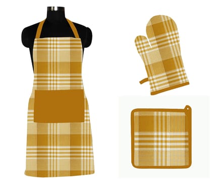 AIRWILL ? Cotton Designer Pattern with High-Quality Heat Resistant Kitchen Linen Set (1 Apron, 1 Oven Mitt, 1 Pot Holder) (Yellow)